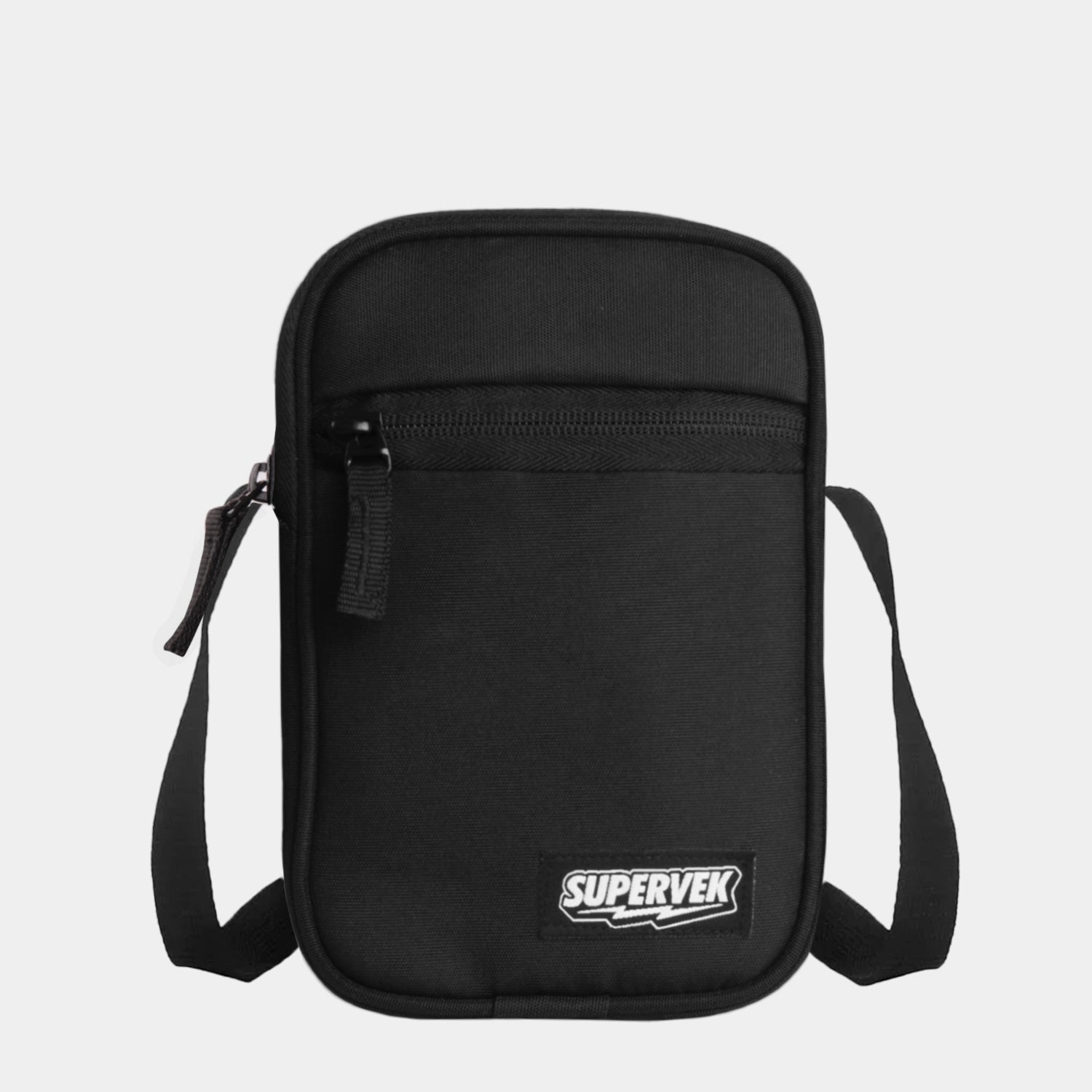 Supervek "Mini" Sling Bag, black compact crossbody with front zipper pocket and stitched logo patch and unisex Sling bag for men & women Classic Black #color_Classic Black