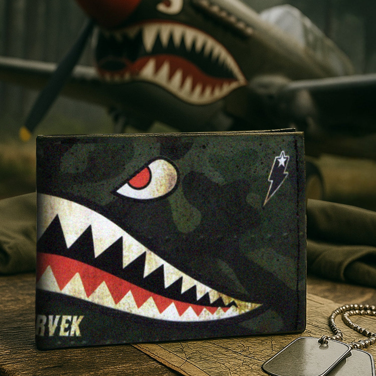 "SuperShark" Tyvek wallet with Flying Tigers design, slim black vegan billfold, placed on a wooden surface with WWII fighter plane in background