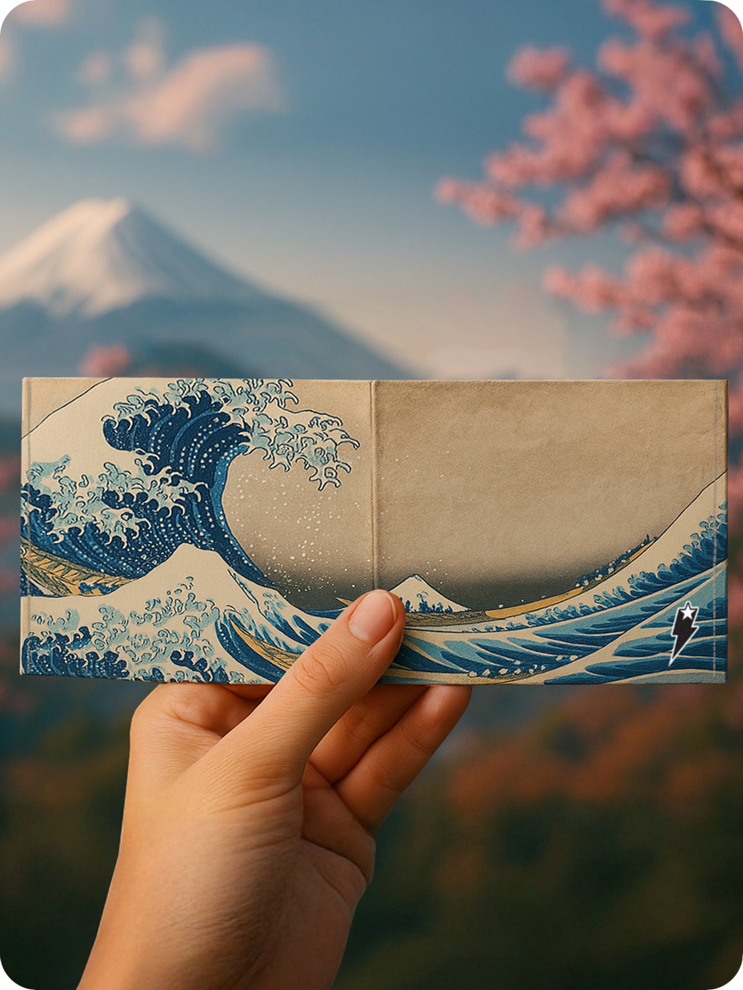 Supervek "Great Wave" Tyvek wallet with Japanese wave print, slim beige vegan billfold, water-resistant