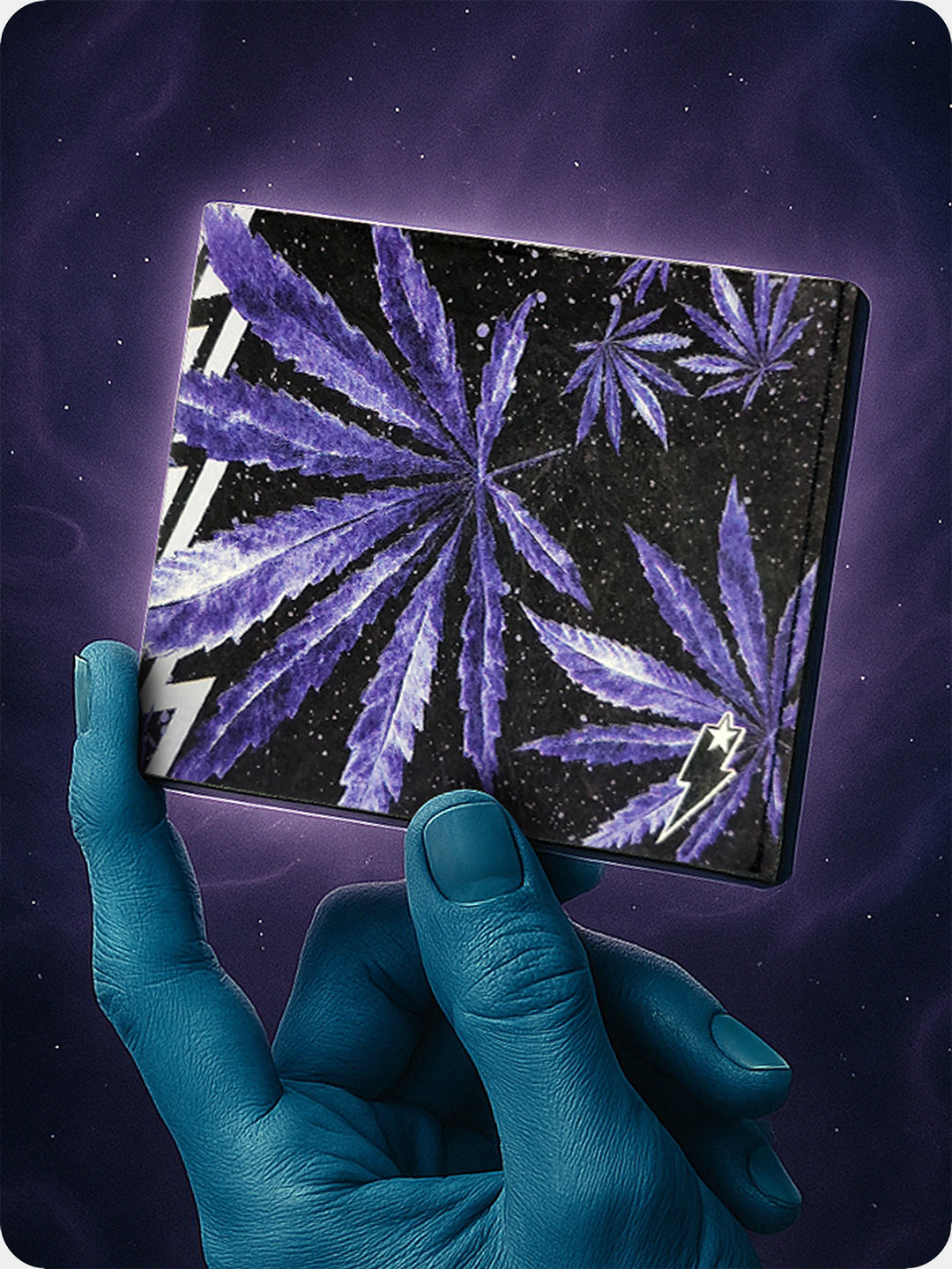 Supervek "Herbivore" Tyvek wallet with purple herb leaf design, slim black vegan billfold, RFID-blocking
