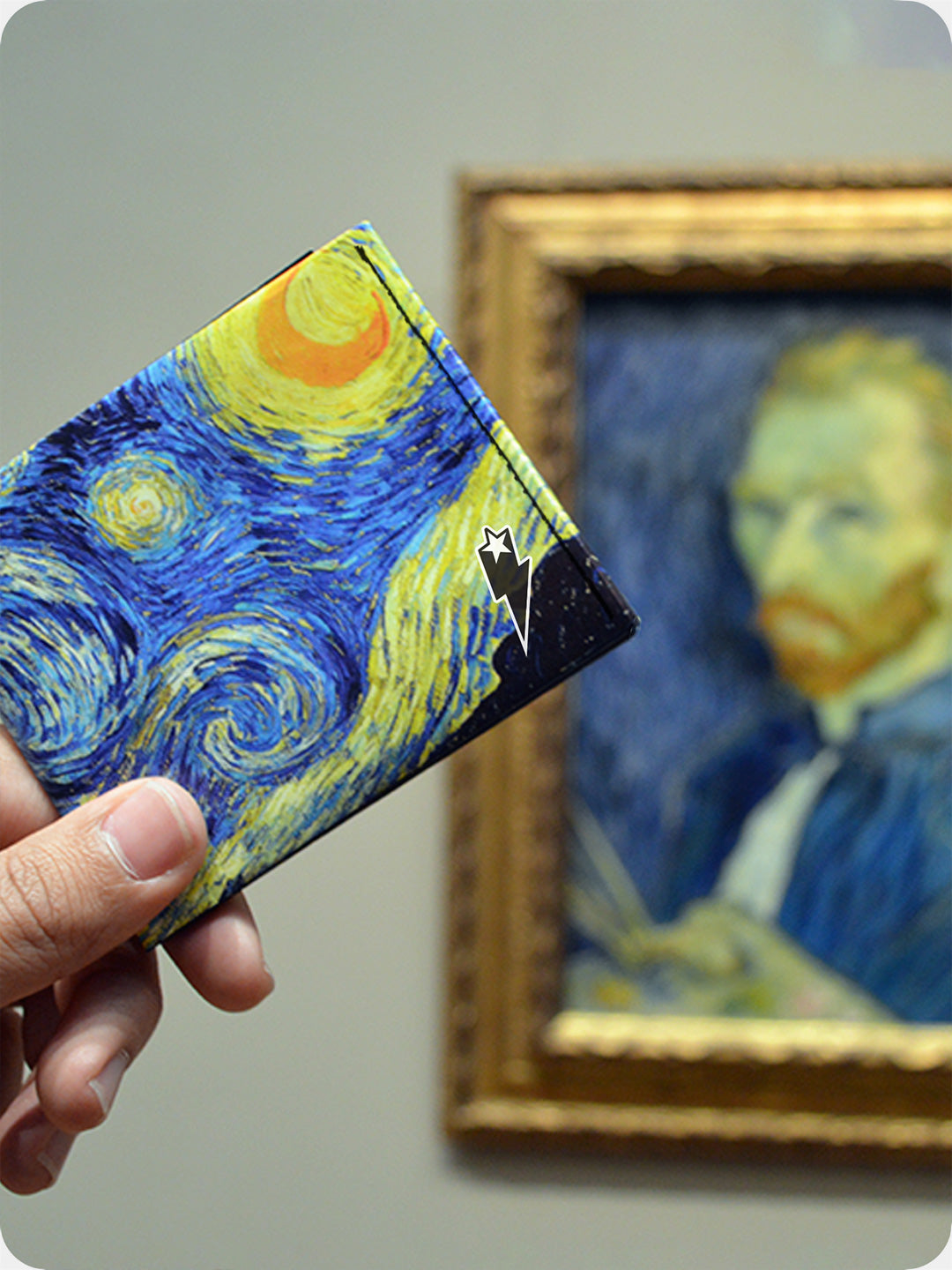 Supervek Tyvek wallet with "Starry Night" design, slim vegan billfold inspired by Van Gogh artwork