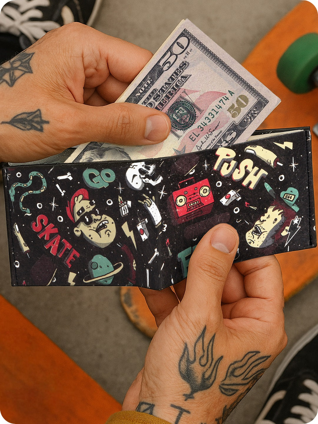 Supervek Tyvek wallet with "Skatelife" design, slim vegan billfold with cash being inserted, skateboard and tattoos visible