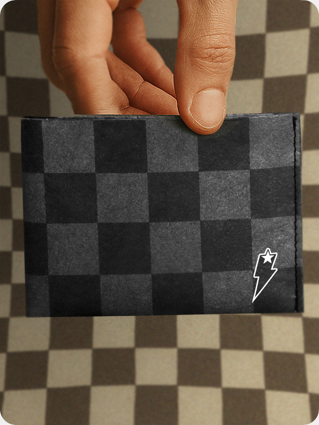 Supervek "Check Noise" Tyvek wallet with black checkerboard design, slim RFID vegan billfold, water-resistant
