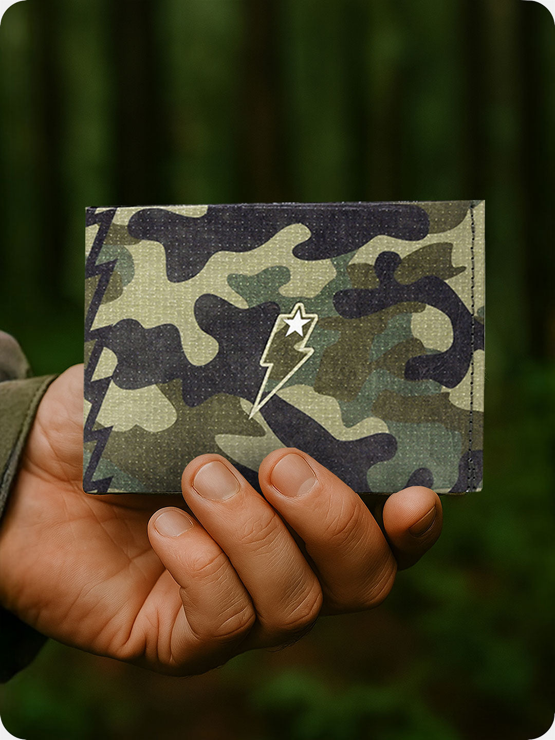 Supervek "Trooper" Tyvek wallet with camo print, slim green RFID billfold, held outdoors