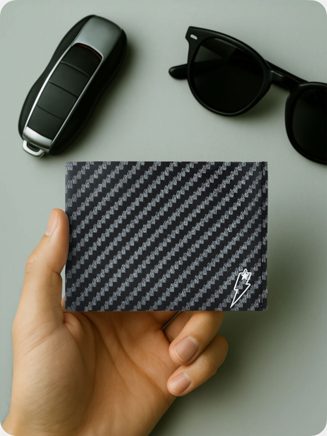 Supervek "Carbon Wave" Tyvek wallet with carbon fiber print, slim black RFID billfold, vegan and water-resistant