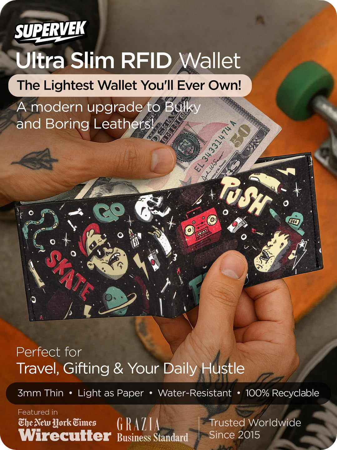 Supervek Tyvek wallet with "Skatelife" design, slim ultra-light RFID wallet for travel, gifting, and daily use