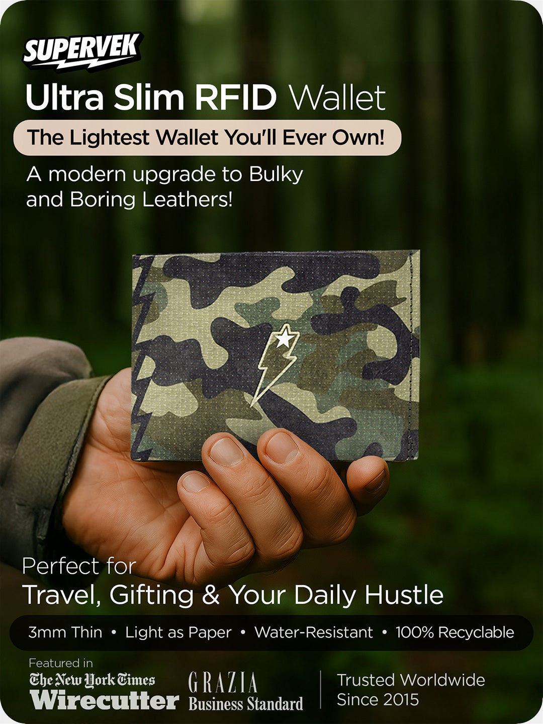 Ultra-slim camo Supervek "Trooper" wallet, RFID blocking, 3mm thin and water-resistant