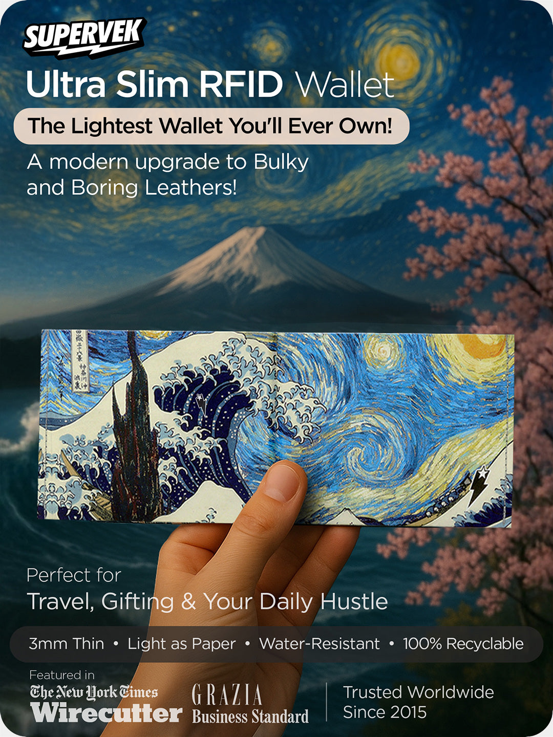 Supervek "Starry Wave" Tyvek wallet with iconic wave and swirling sky design, slim RFID billfold