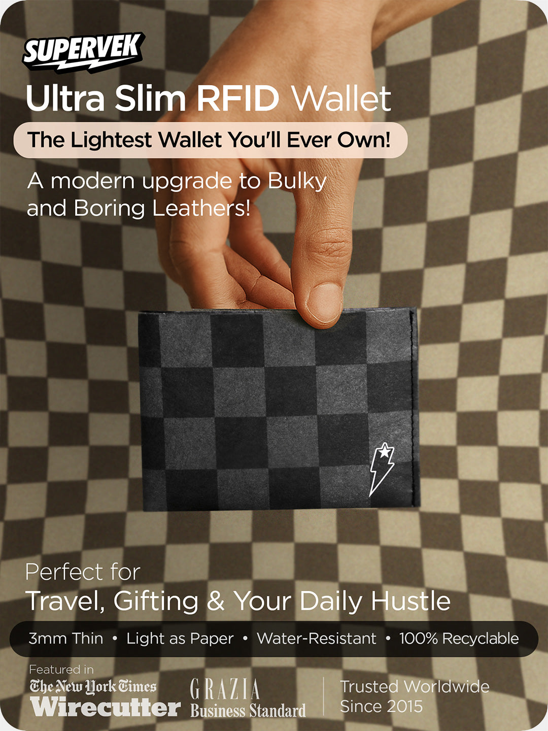 Ultra slim Supervek "Check Noise" wallet with RFID protection and bold checkered print, 3mm thin and eco-friendly