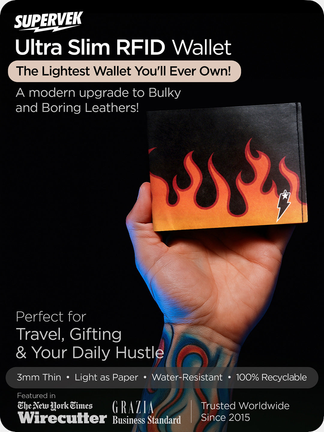 Supervek Tyvek wallet with "Lit" design, shown with callouts highlighting RFID, water resistance, and ultra-light build