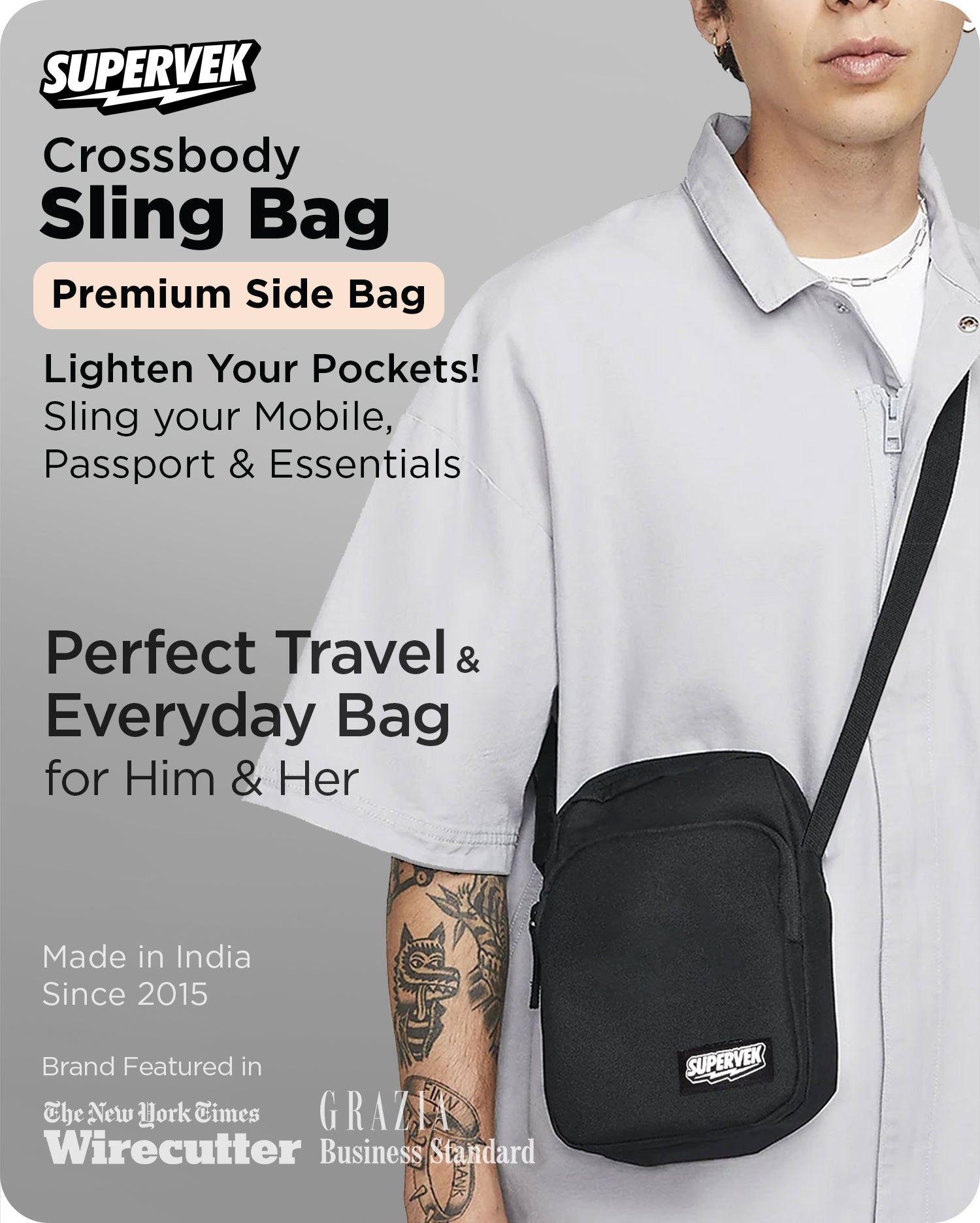 Supervek black "Sling" bag, front view showing minimalist design with dual zippers and logo patch and Sling bag for "men" & "women" Classic Black #color_Classic Black