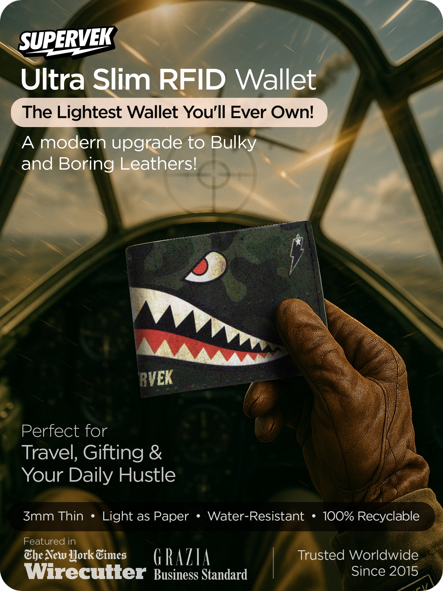 "SuperShark" ultra-slim RFID wallet with Flying Tigers design, held in pilot glove inside aircraft cockpit, vegan and water-resistant