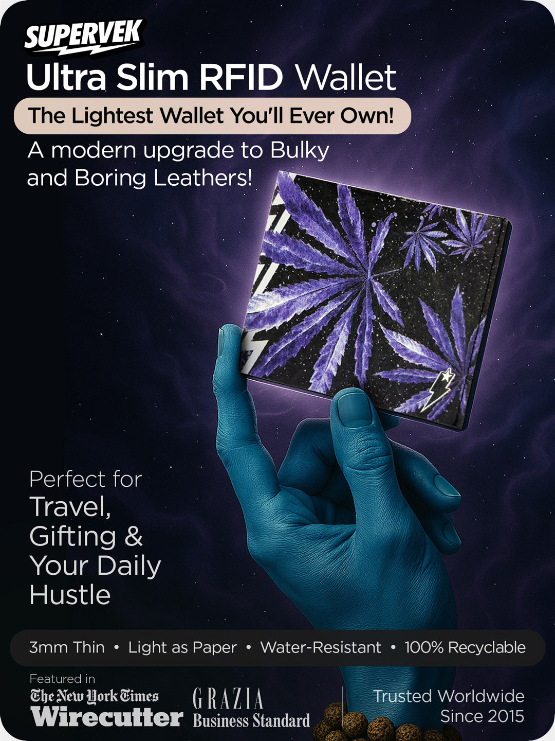 Supervek "Herbivore" ultra slim Tyvek wallet with purple leaves, RFID protection, lightweight and recyclable
