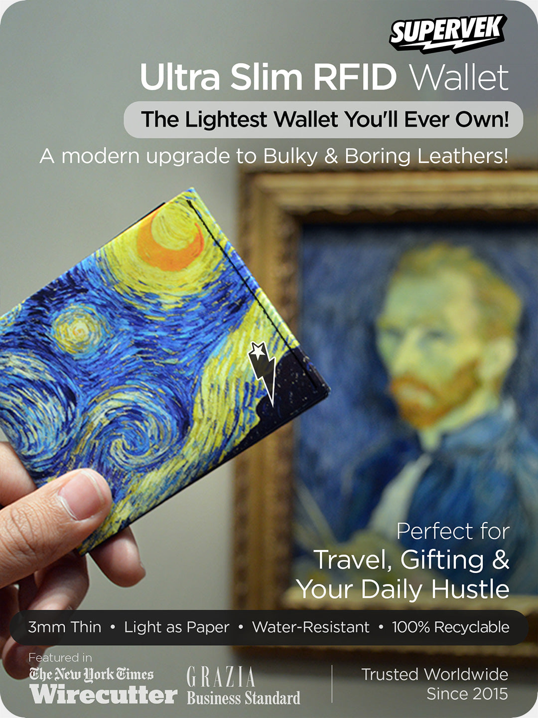Supervek "Starry Night" Tyvek wallet, ultra slim RFID blocking vegan billfold with iconic Van Gogh design
