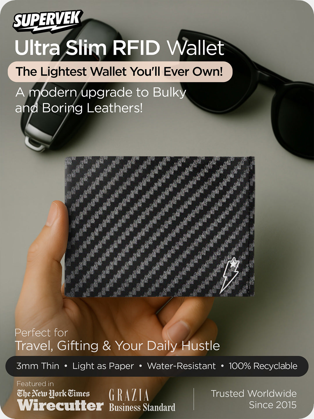 Supervek "Carbon Wave" ultra slim RFID wallet with carbon look, 3mm thin and eco-friendly build