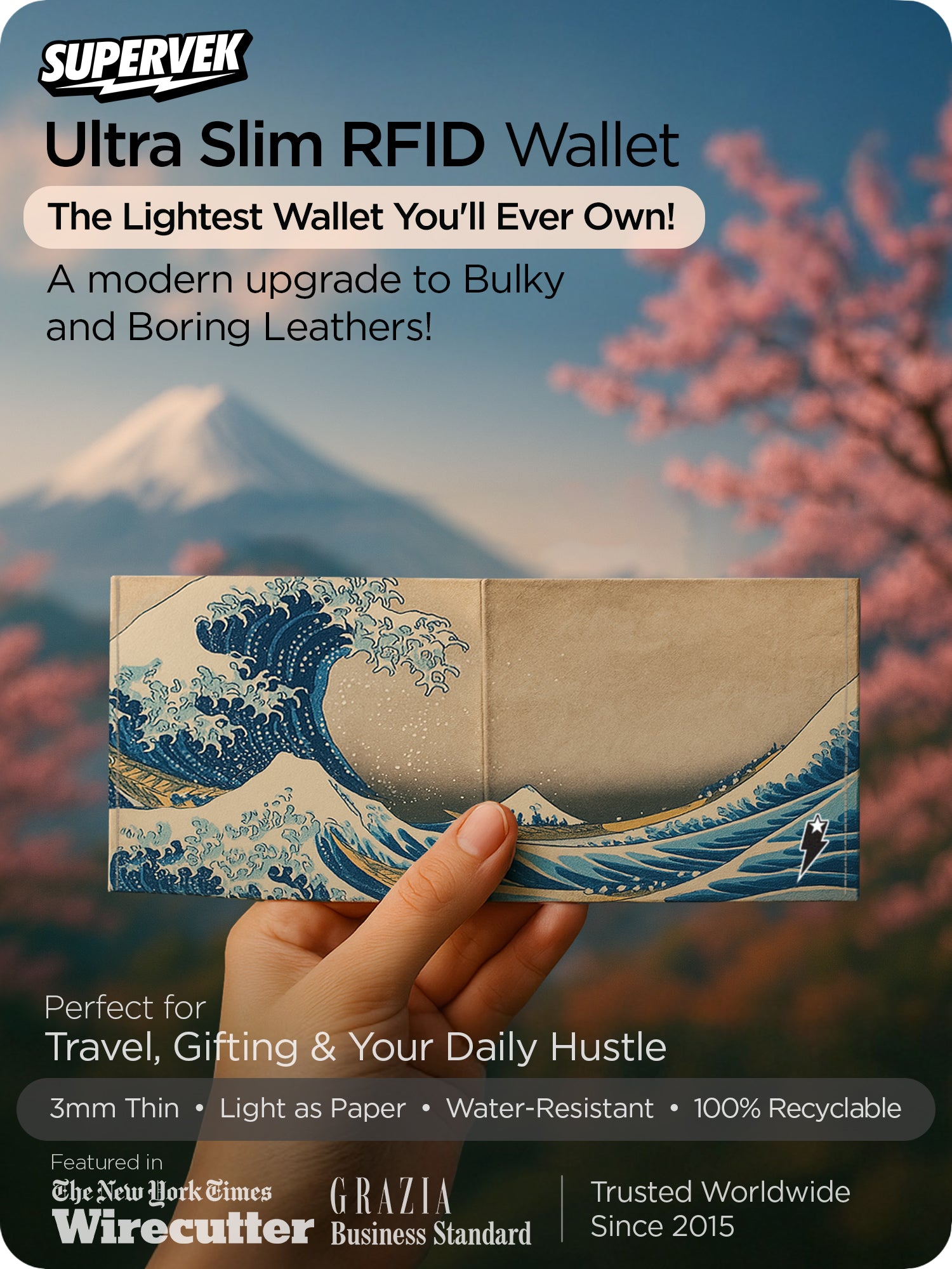 Ultra slim RFID-blocking Supervek wallet with "Great Wave" artwork, 3mm thin and recyclable build