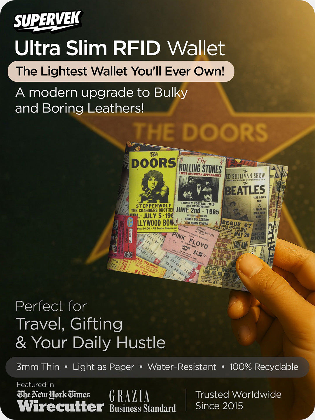 Supervek "Rock & Old" Tyvek wallet with vintage music ticket design, slim RFID black vegan billfold displayed over The Doors star