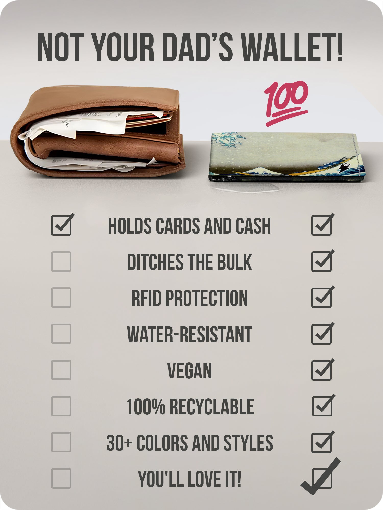 Supervek "Great Wave" wallet shown beside a bulky leather wallet to highlight minimalist slim design