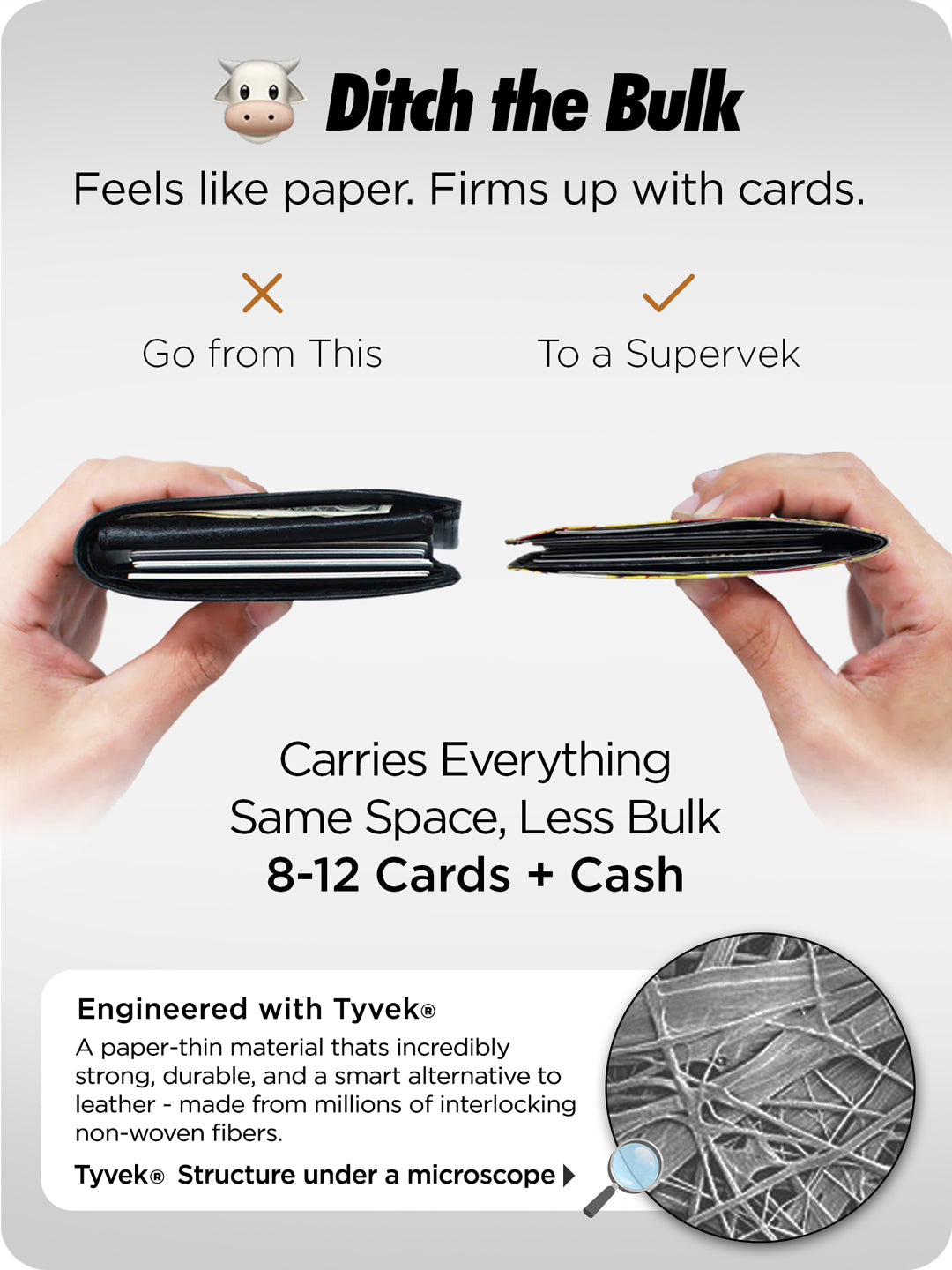 Side-by-side of leather wallet vs Supervek "Munki" slim Tyvek wallet, showing reduced bulk and card capacity