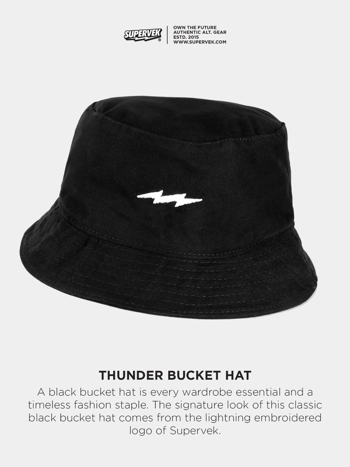 Black bucket hat with lightning logo on a white background