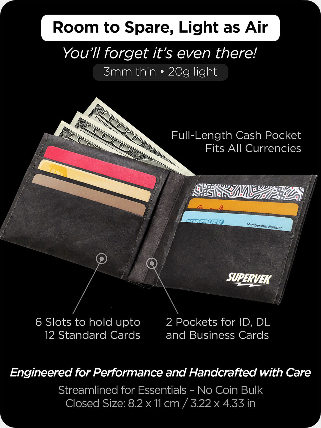 Open Supervek Tyvek wallet with black Rock & Old design interior, RFID vegan billfold displaying card slots and full-length cash pocket