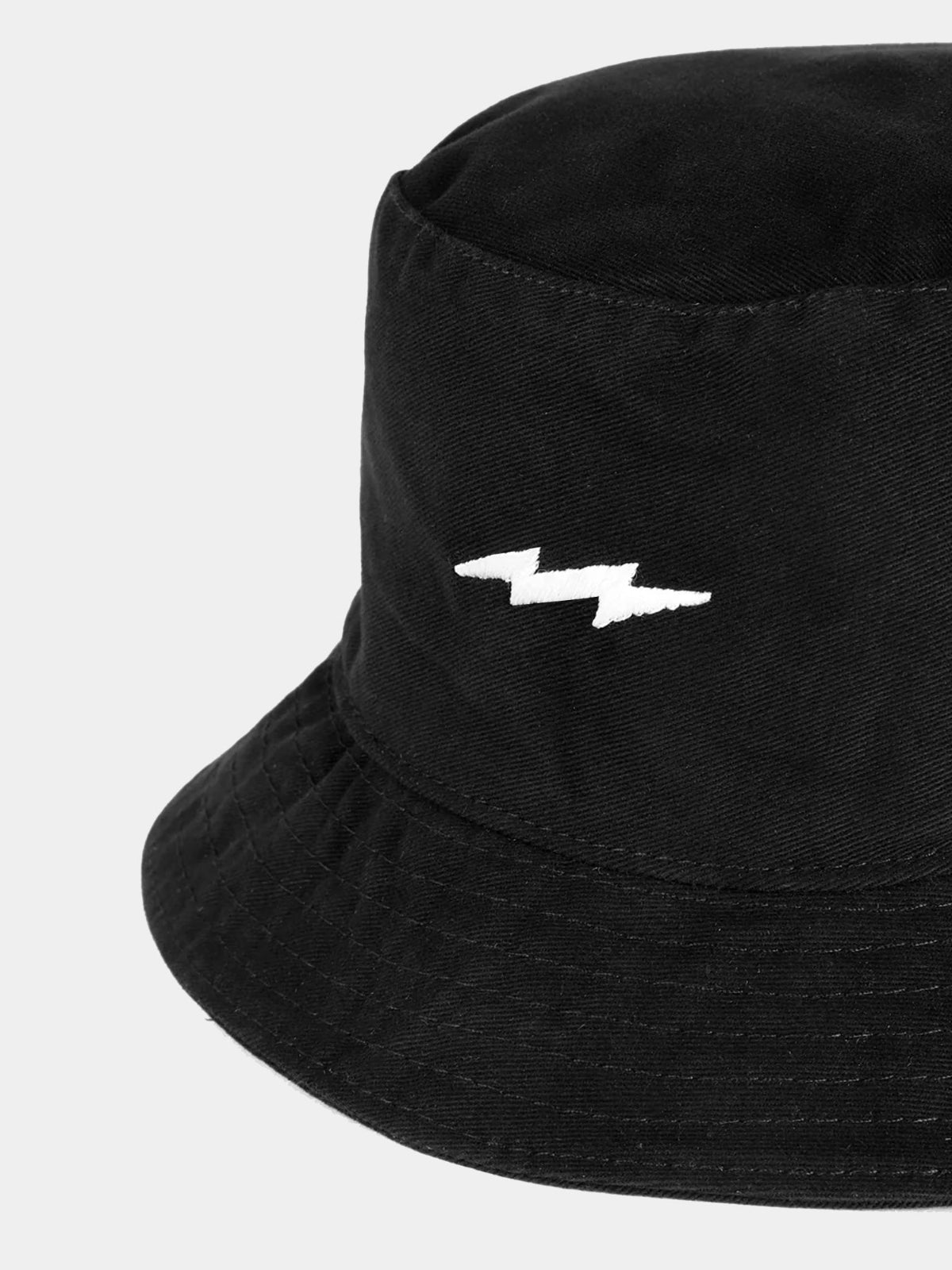 Black bucket hat with white lightning bolt design on a white background