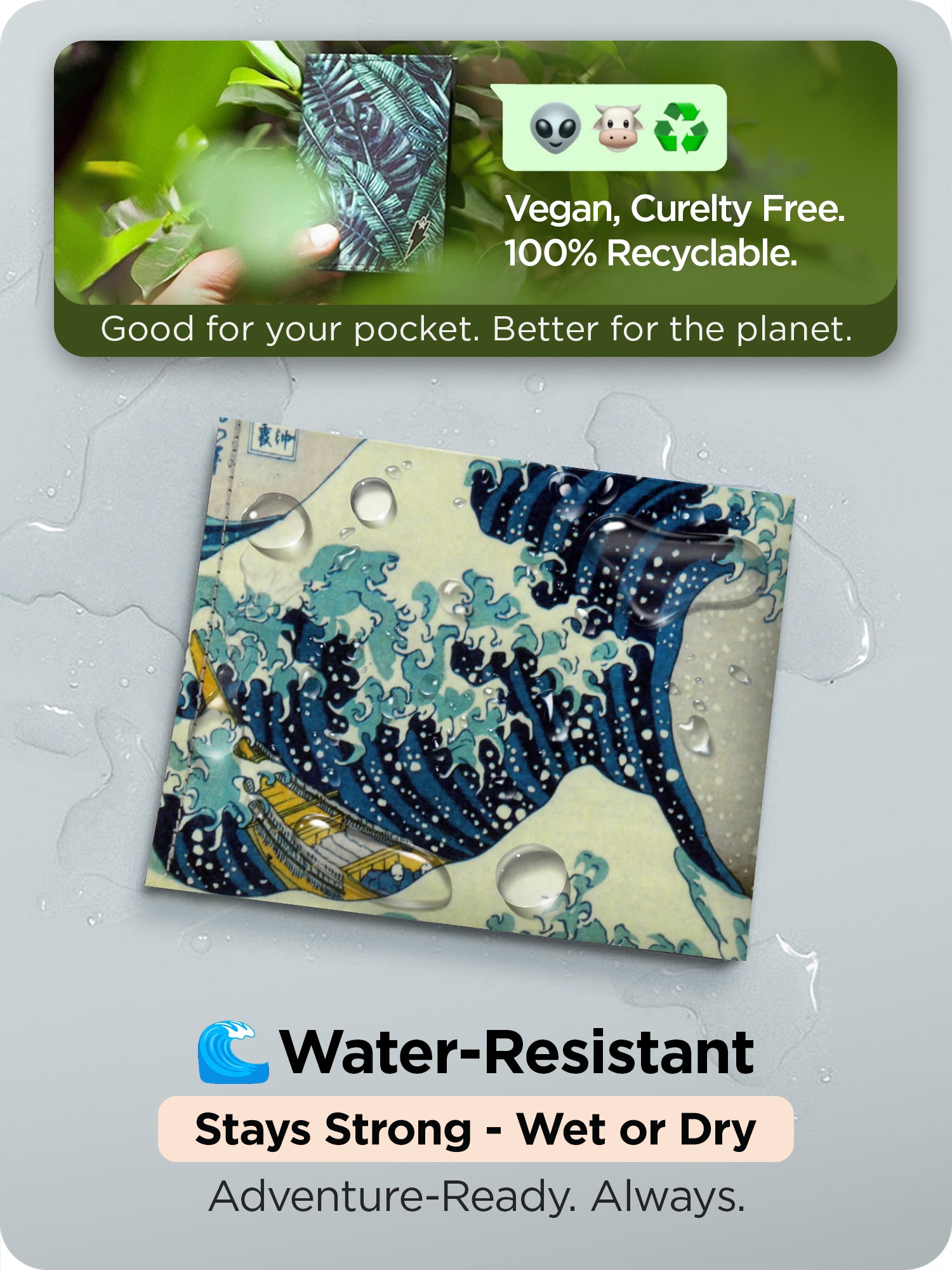 Supervek "Great Wave" wallet with water droplets showing water-resistant Tyvek surface, built for adventures