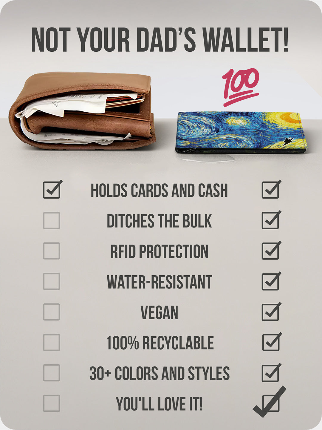 Supervek "Starry Night" Tyvek wallet, slim and lightweight vegan billfold compared with bulky leather wallet