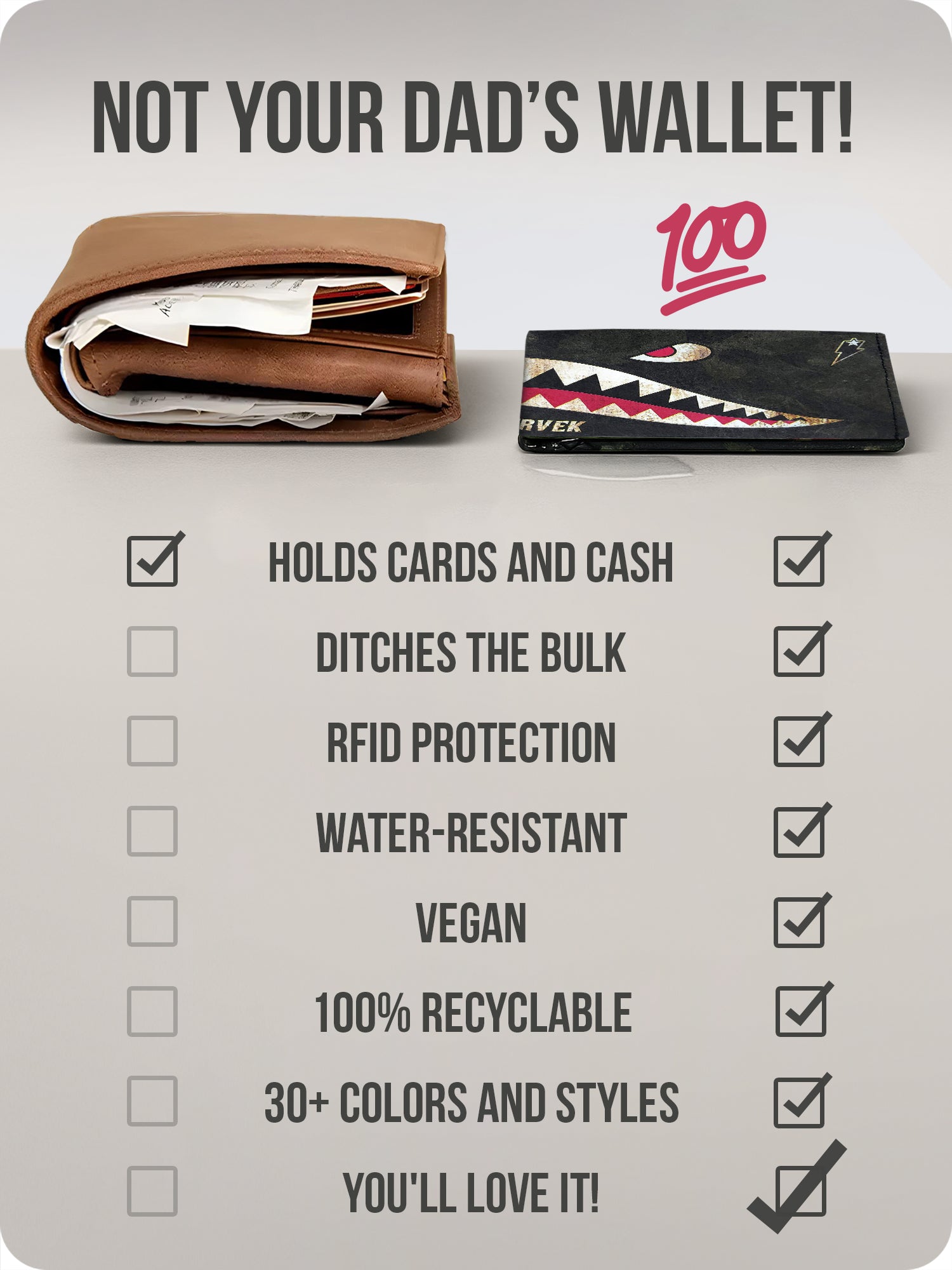 Slim "SuperShark" wallet vs bulky leather wallet comparison, highlighting RFID protection, water resistance, and eco-friendly features
