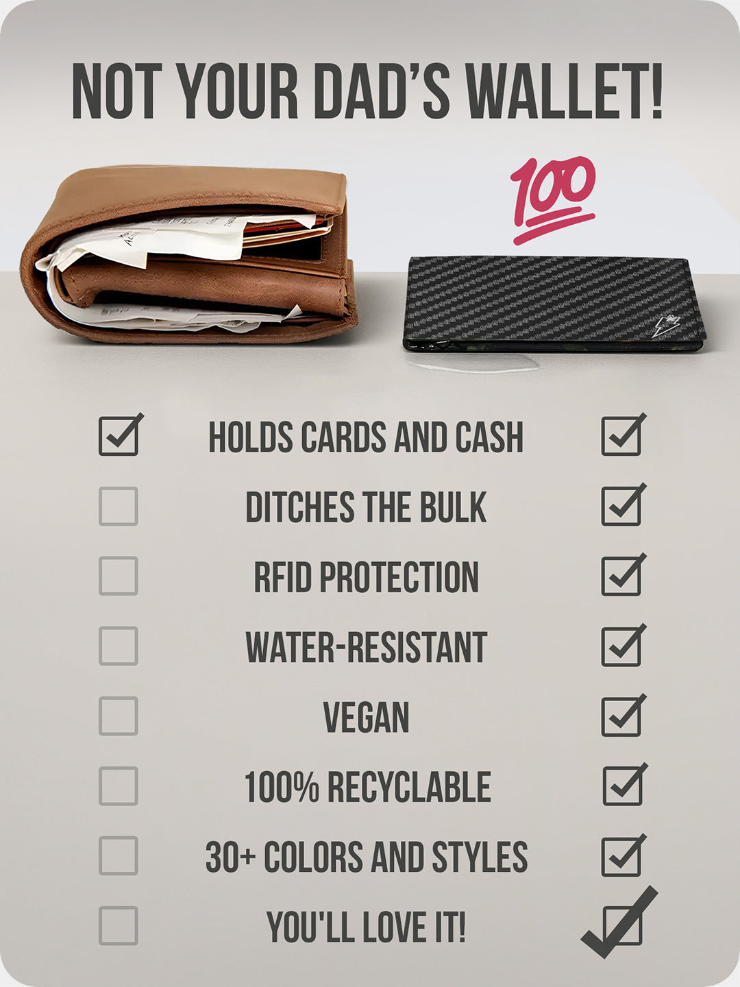 Slim Supervek "Carbon Wave" wallet beside bulky leather wallet, shows minimalist design and space saving