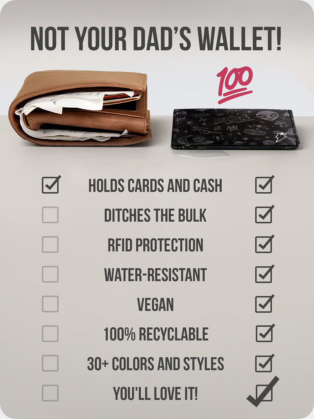 Bulky leather wallet compared to slim Supervek "OG Culture" wallet, highlighting vegan and RFID-blocking features