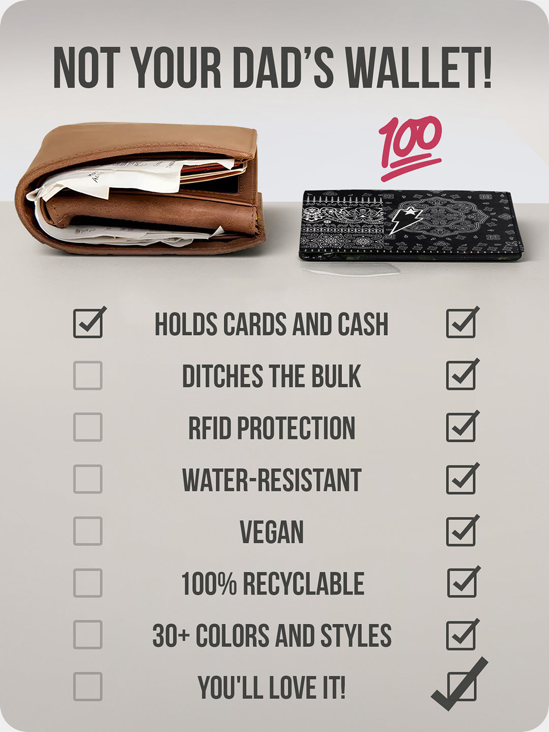 Side-by-side of bulky leather wallet vs slim Supervek "Bandana" Tyvek wallet, showcasing minimalist, water-resistant, RFID-blocking features