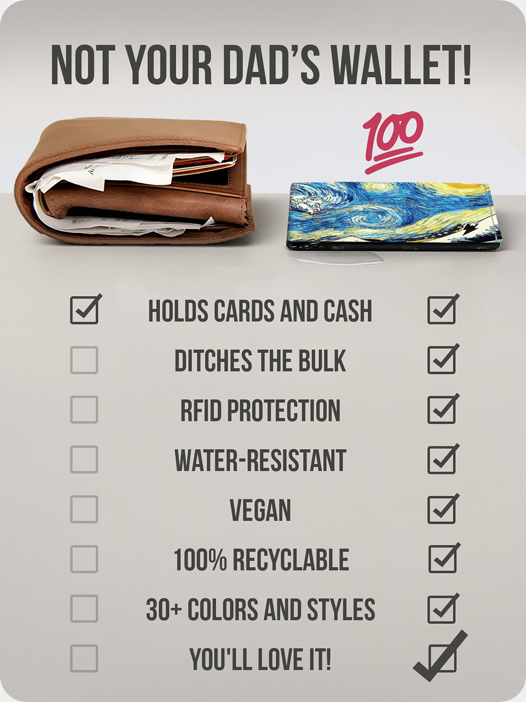 Visual comparison of bulky leather wallet vs slim Supervek "Starry Wave" artistic Tyvek wallet