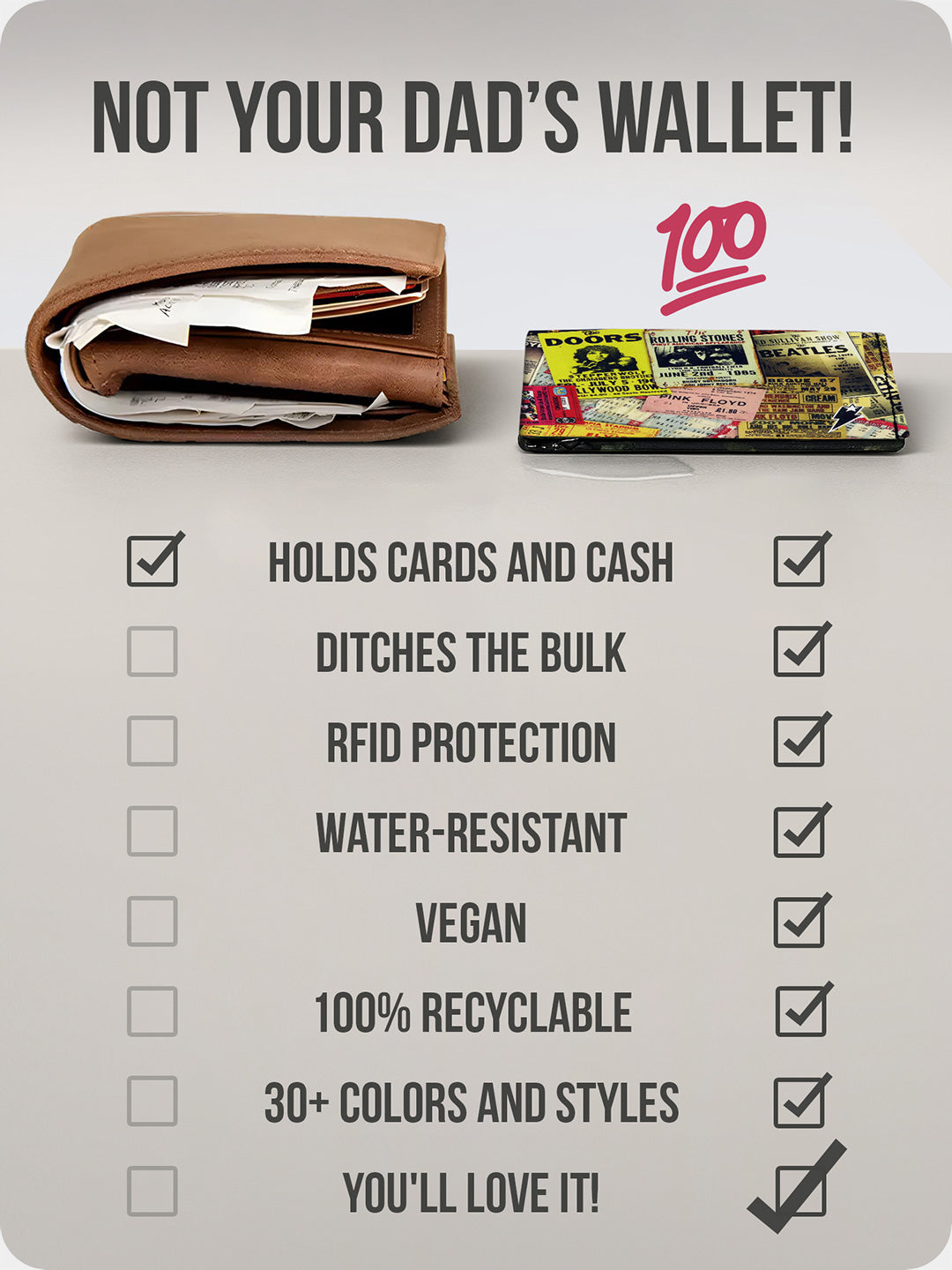 Supervek "Rock & Old" Tyvek wallet shown beside bulky leather wallet, slim black vegan RFID billfold with retro concert design