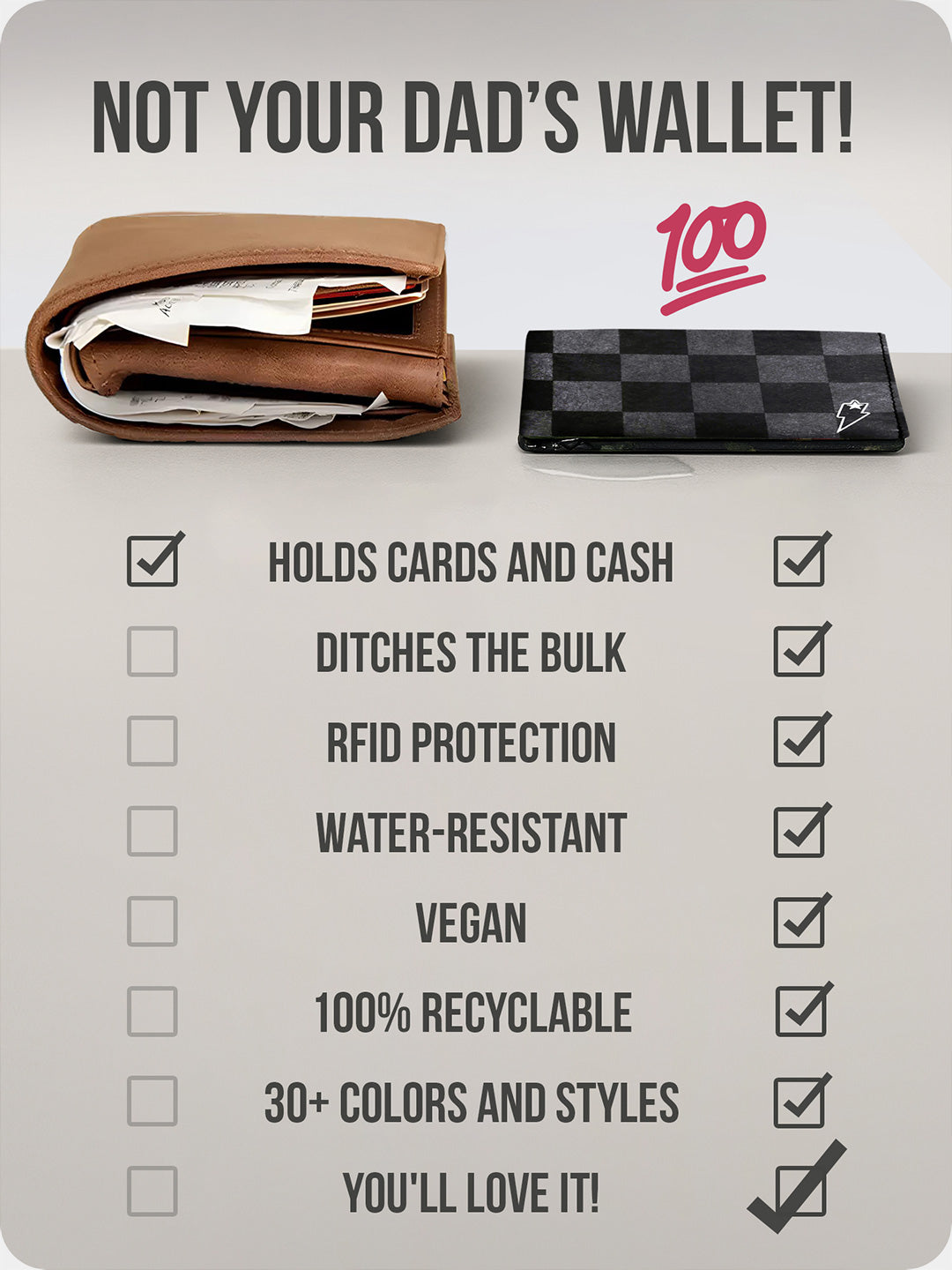 Minimalist Supervek "Check Noise" wallet beside bulky leather wallet, highlighting ultra-slim design