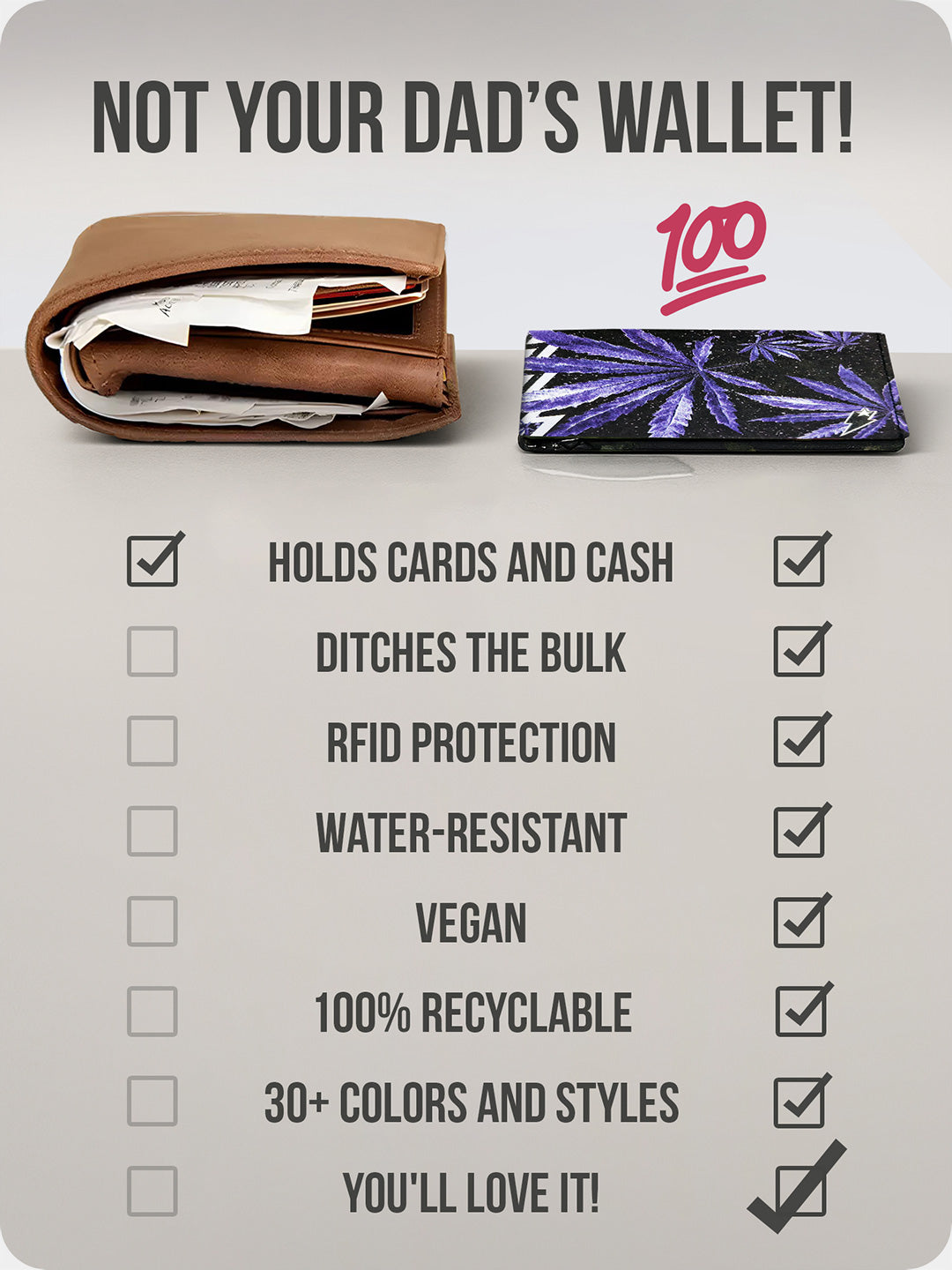 Supervek "Herbivore" Tyvek wallet open view, slim black RFID-protected billfold with card slots and graphic interior