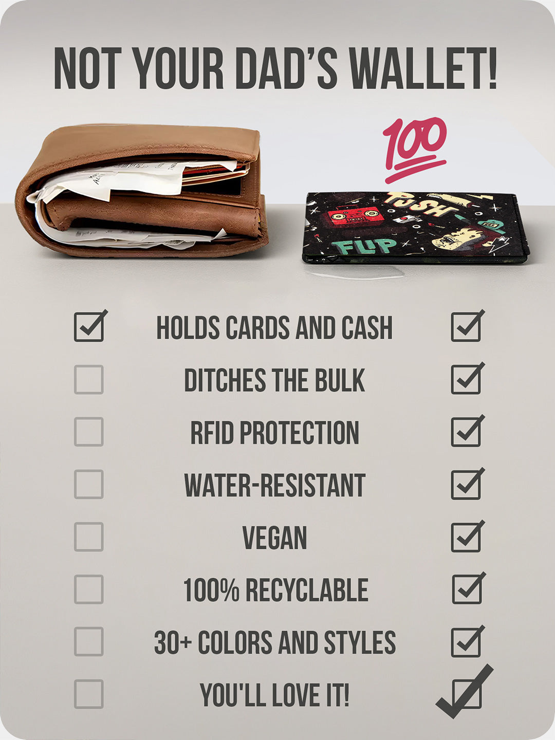 Supervek "Skatelife" Tyvek wallet compared to bulky leather wallet, highlighting slim, vegan, water-resistant design