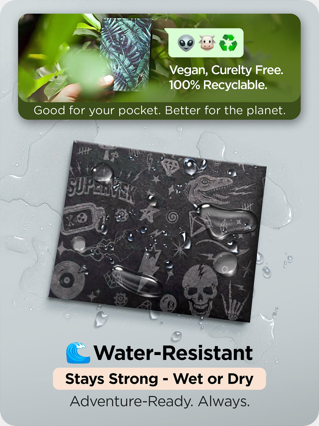 Supervek Tyvek wallet with "OG Culture" print covered in water droplets, showcasing waterproof durability