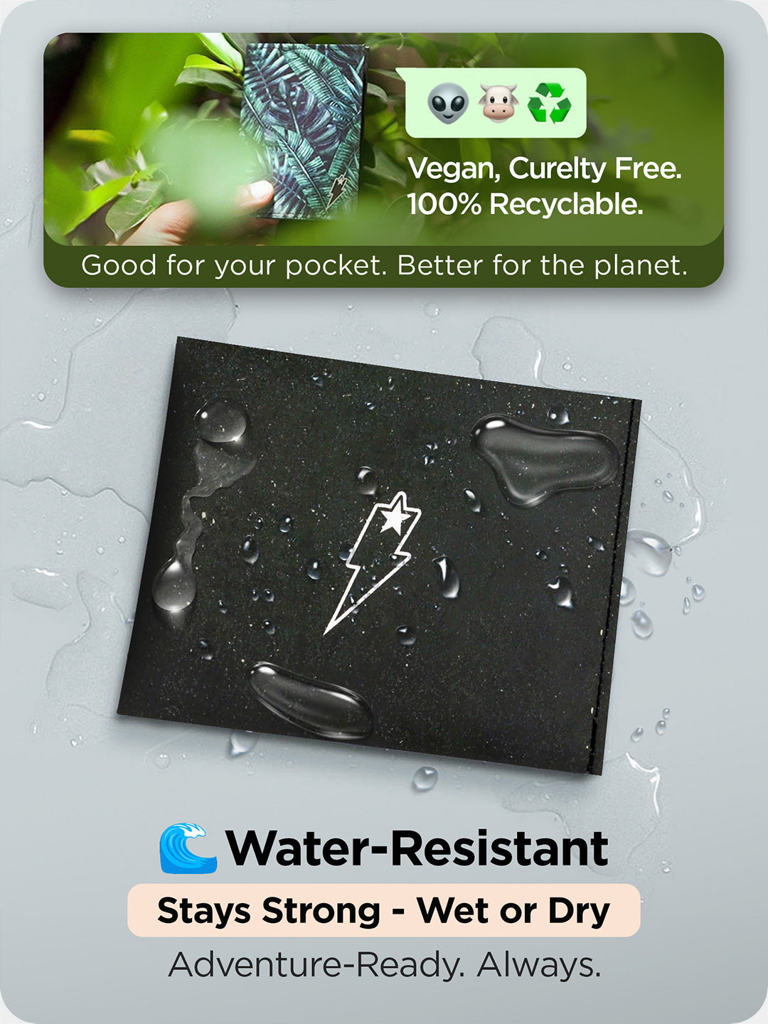 Supervek "Space Out" Tyvek wallet shown water-resistant with droplets, slim vegan billfold ready for adventure