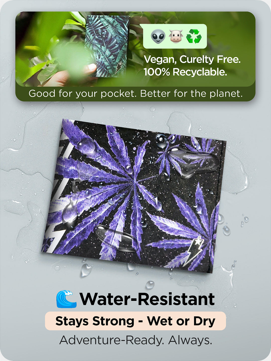 Supervek "Herbivore" Tyvek wallet with purple herb design shown with water droplets highlighting water-resistance