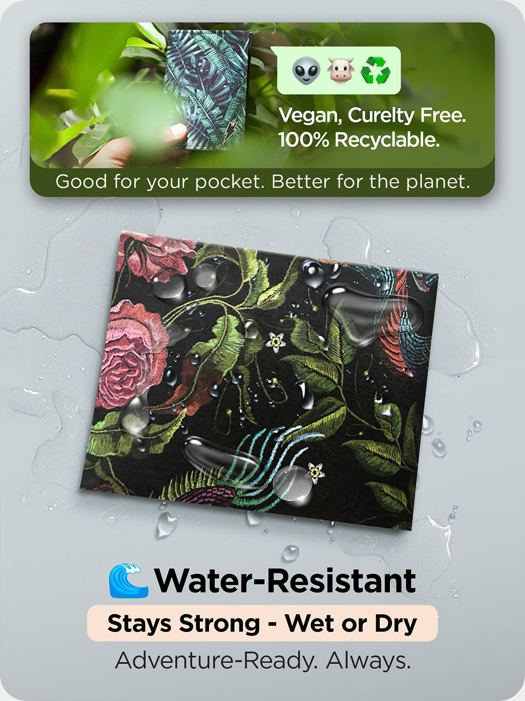 Supervek Oriental Dragon Tyvek wallet, black waterproof vegan billfold with floral pattern, water droplets on surface
