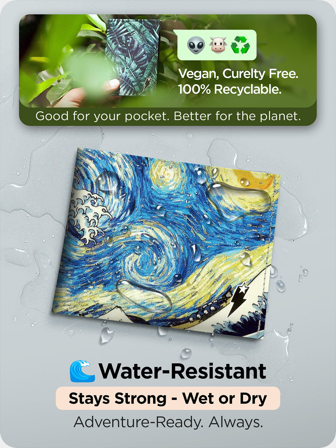 Water-resistant Supervek "Starry Wave" Tyvek wallet showcasing wave and starry night fusion artwork