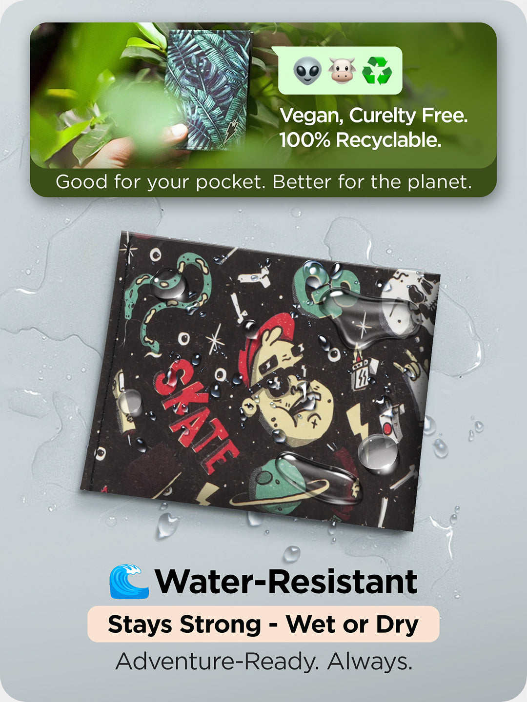 Supervek Tyvek wallet with "Skatelife" design, water-resistant slim billfold shown with water droplets