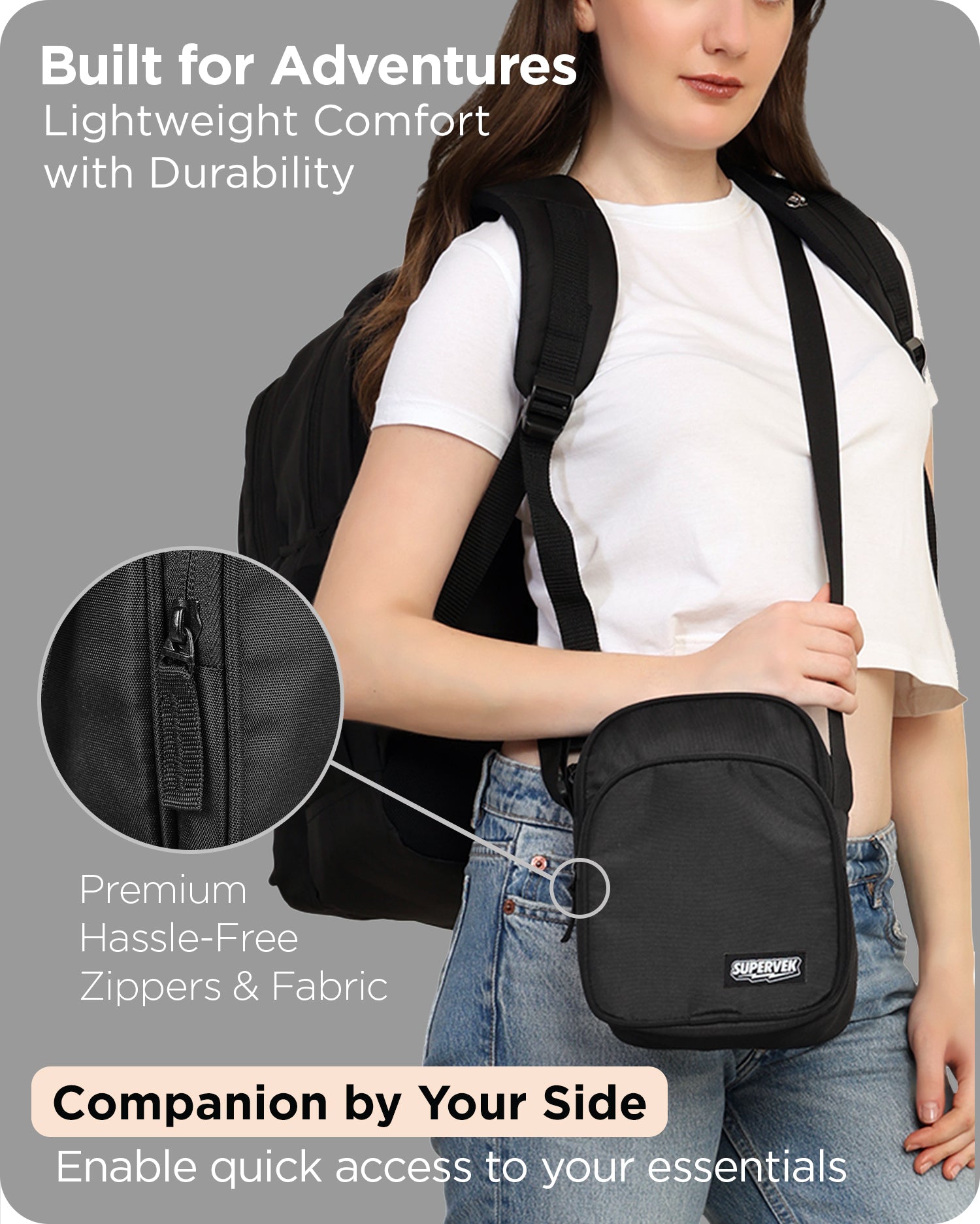 Supervek "Sling" bag with backpack, durable and lightweight for adventures and college Sling bag for men & women Classic Black #color_Classic Black