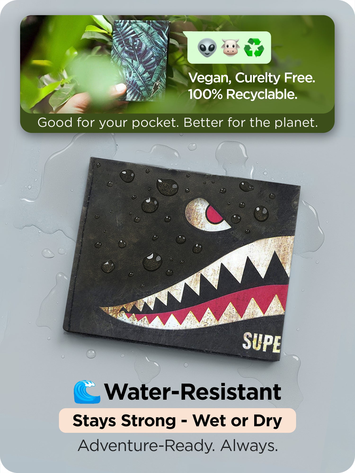 Water-resistant "SuperShark" Tyvek wallet with Flying Tigers design, shown with water droplets for durability visual