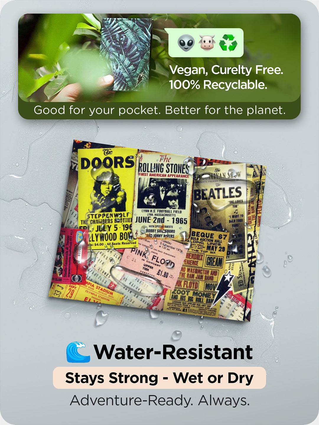 Supervek Tyvek wallet with "Rock & Old" design, water-resistant black vegan billfold with music concert ticket collage under water droplets