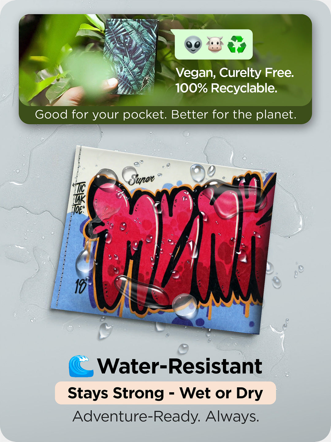Supervek "Munki" Tyvek wallet with graphic design shown with water droplets, highlighting water-resistant build