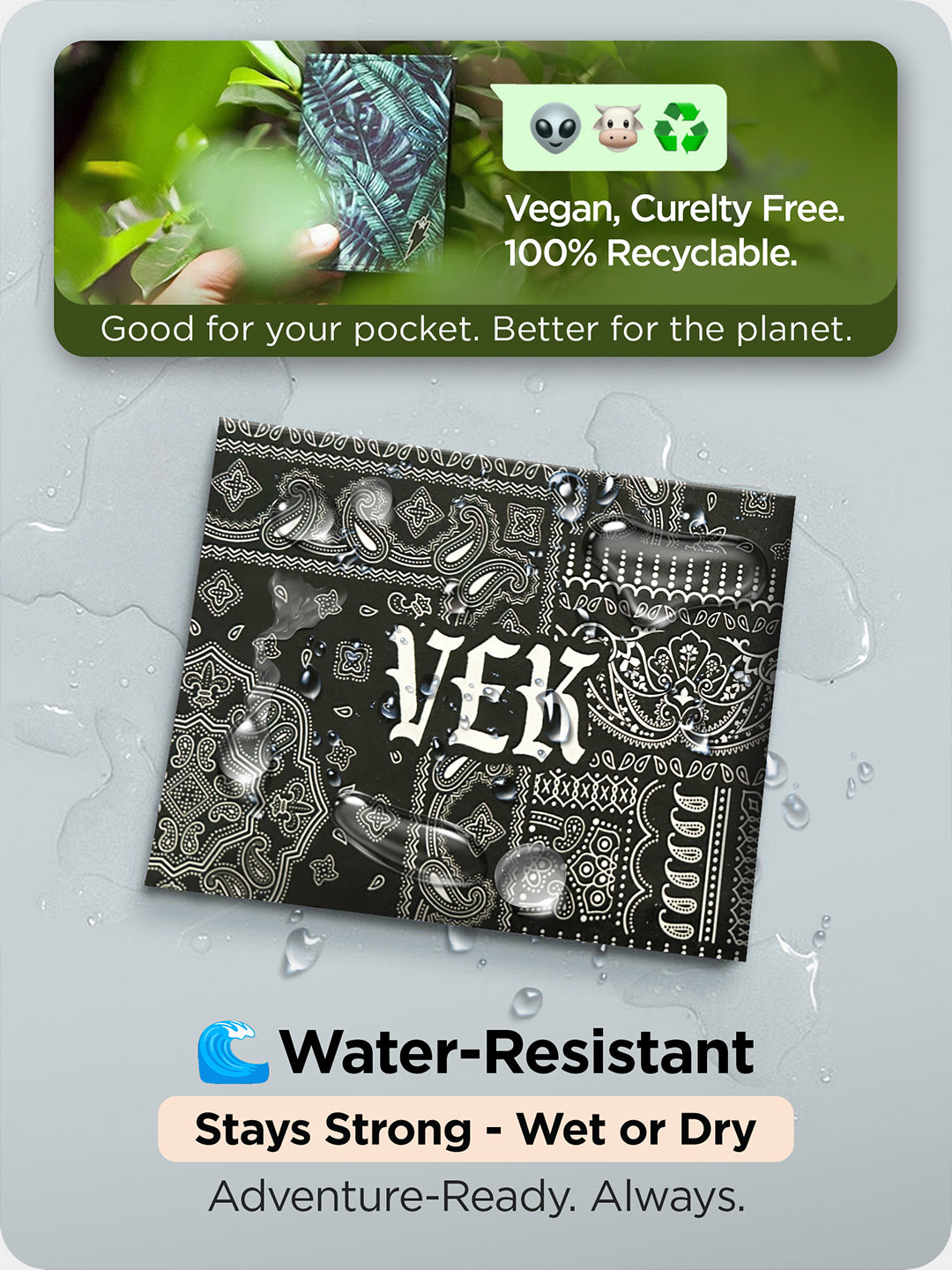 Supervek "Bandana" print Tyvek wallet shown wet with water droplets, highlighting waterproof, vegan, and recyclable durability