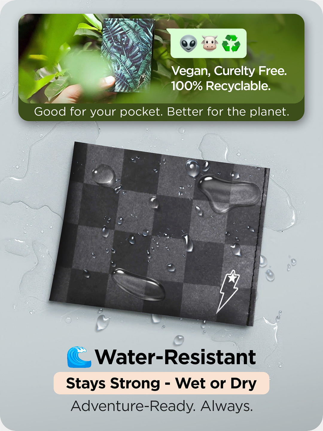 Supervek "Check Noise" wallet with water droplets, showing durable and water-resistant Tyvek surface