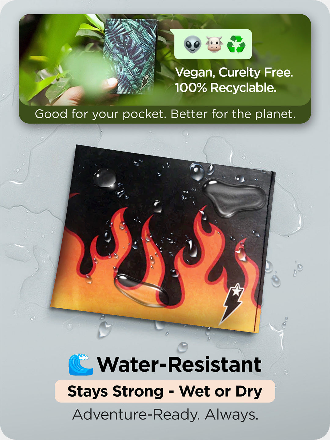 Supervek Tyvek wallet with "Lit" design covered in water droplets, highlighting water resistance and durability